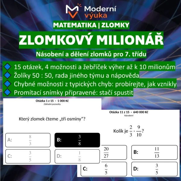 💰 Zlomkový milionář | Opakování zlomků pro 7. třídu