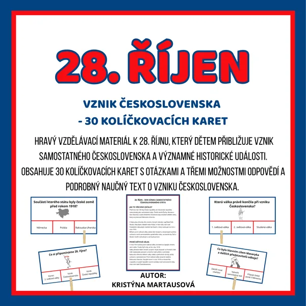 28. Říjen - Vznik Československa | 30 kolíčkovacích karet + naučný text
