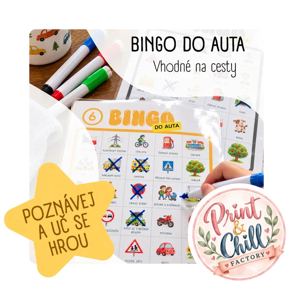 BINGO DO AUTA nebo AUTOBUSU – 20 veselých herních karet na cesty🚗