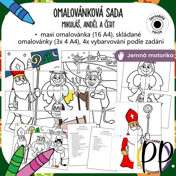 Mikuláš, anděl a čert - omalovánková sada s maxi omalovánkou
