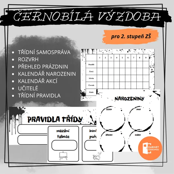 Černobílá výzdoba třídy - samospráva, kalendáře